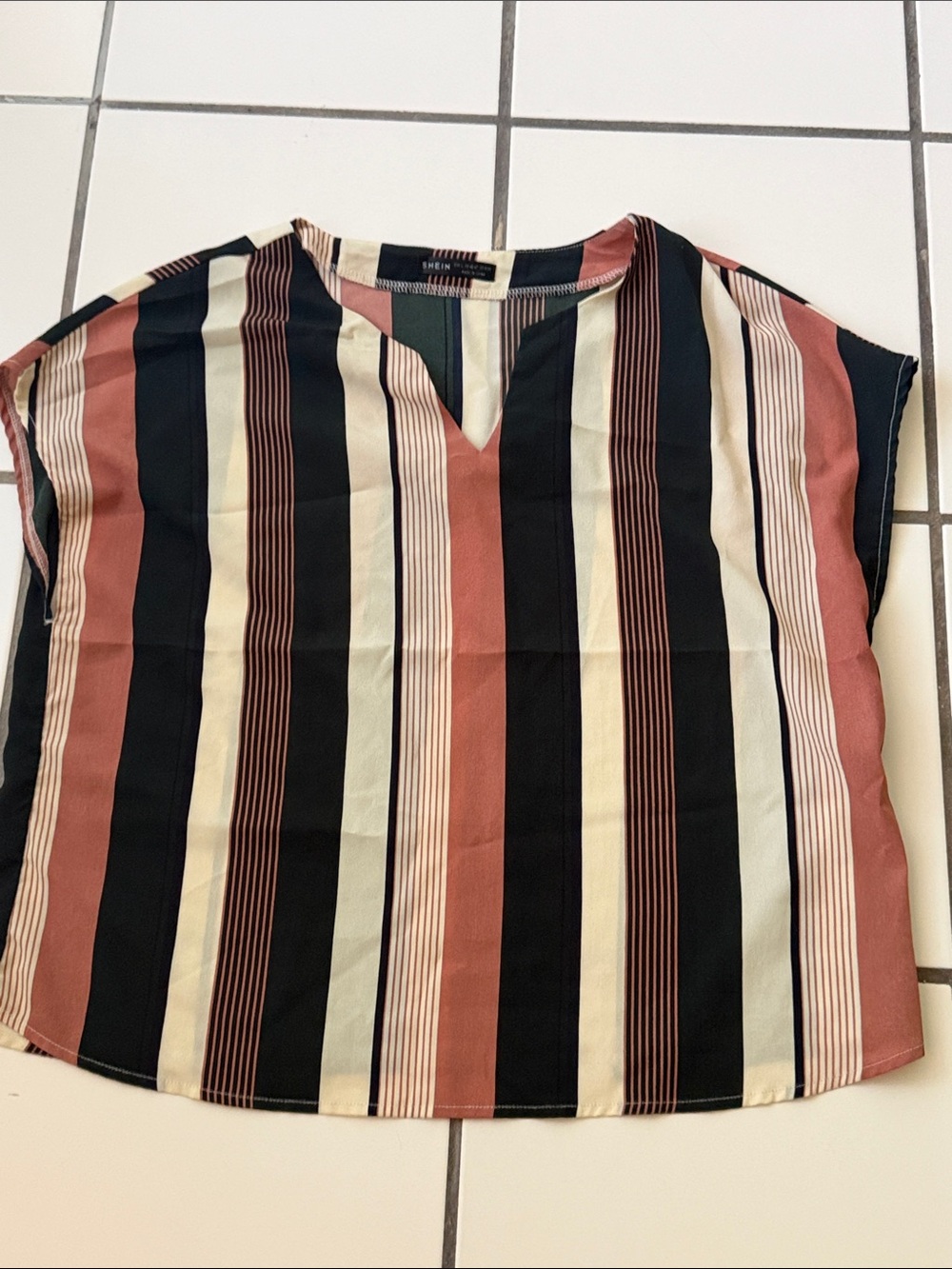 SHEIN Striped V-Neck Blouse in Black, Cream & Rust